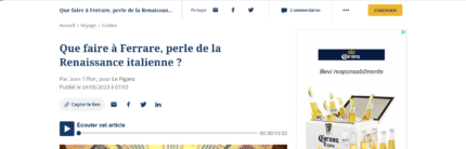 A maggio Le Figaro decanta Ferrara, culla del Rinascimento italiano, a oltre 25 milioni di visitatori unici mensili